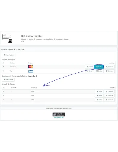 JCR ct (simulador cuotas con intereses) para PrestaShop 8 - BO Cuotas