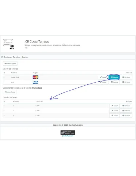 JCR ct (simulador cuotas con intereses) para PrestaShop 8 - BO Cuotas