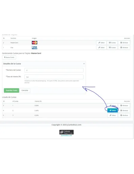 JCR ct (simulador cuotas con intereses) para PrestaShop 8 - BO editando cuotas